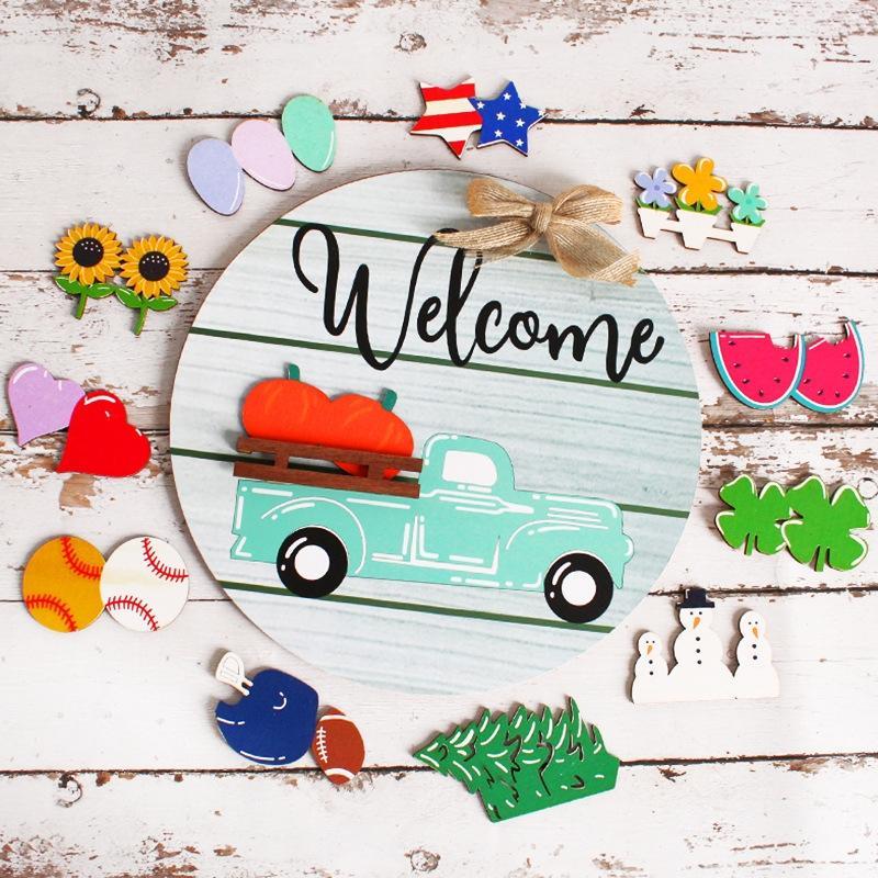 Wooden Door Hanging Festive Greeting Card Christmas Decorations(Blue Car)