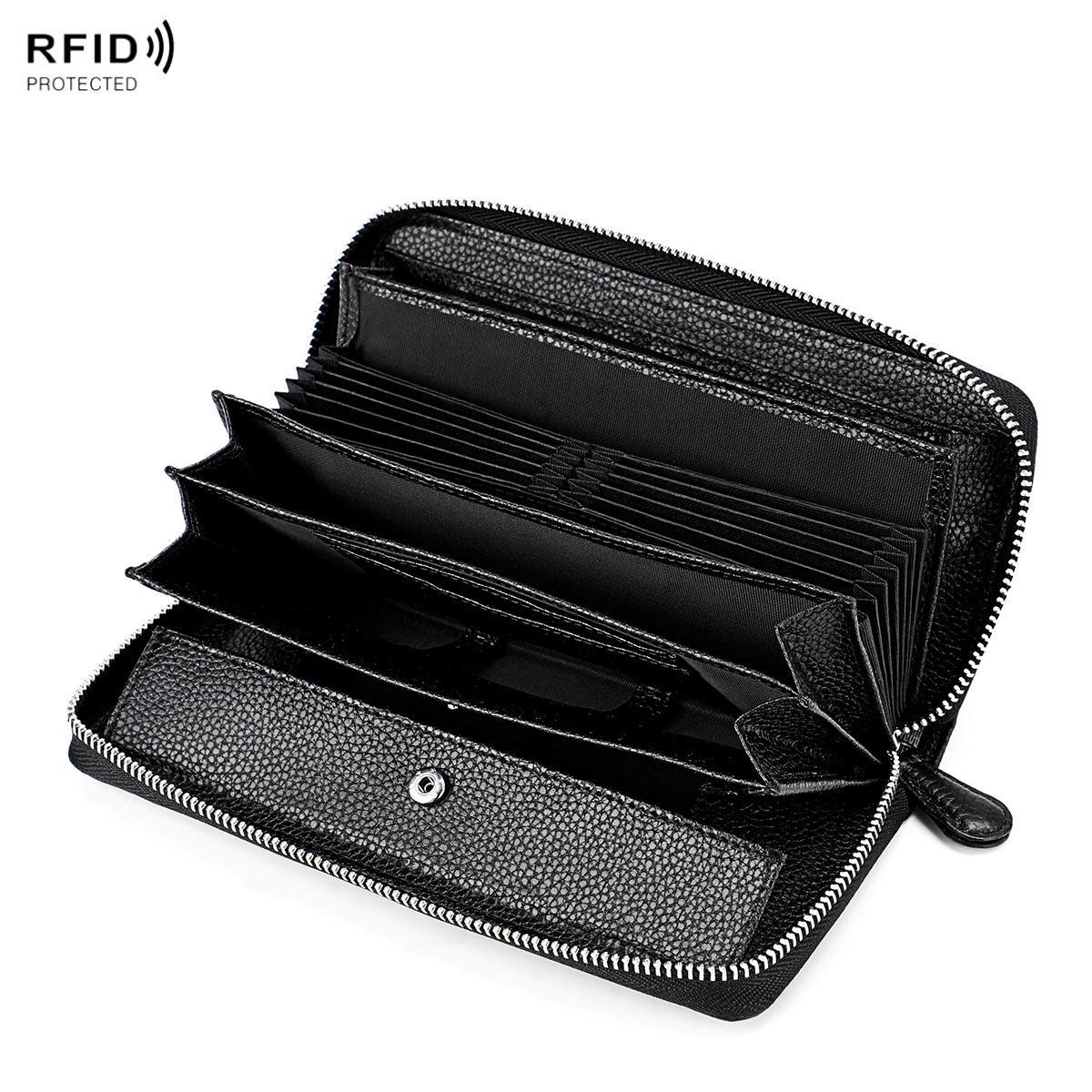 RFID Lychee Texture Fashion Organ Clutch Ladies Zipper Long Change Bag(Black)