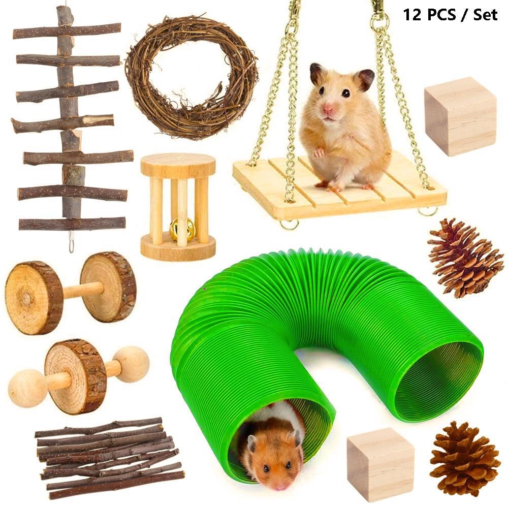 12 PCS / Set Hamster Toy Pet Rabbit Guinea Pig Parrot Play Grinding Wood Toys