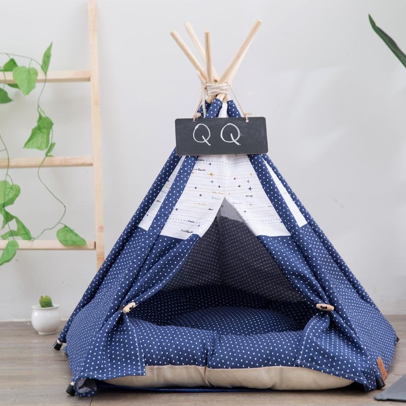 Cotton Canvas Pet Tent Cat and Dog Bed with Cushion, Specification: Small 40×40×50cm(Navy Blue Dot)