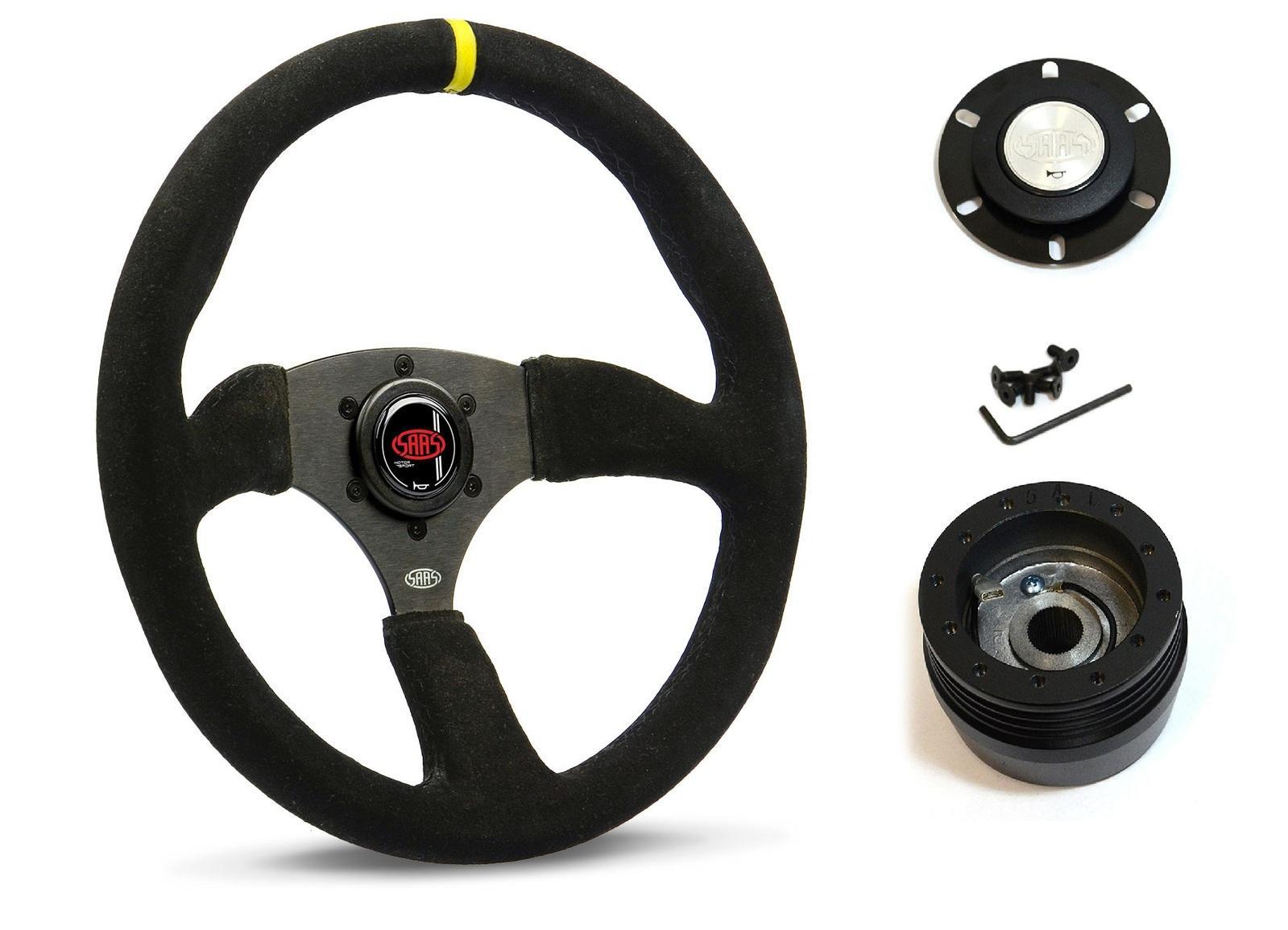 SAAS Steering Wheel Suede 14" ADR Tokyo Motorsport Black Spoke + Indicator SWMS2 and SAAS boss kit for Ford Corsair All Models 1988-1996