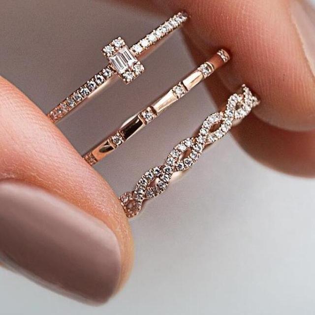 3PCS/Set Women Girls Fashion Geometry Crystal Rings, Ring Size:9
