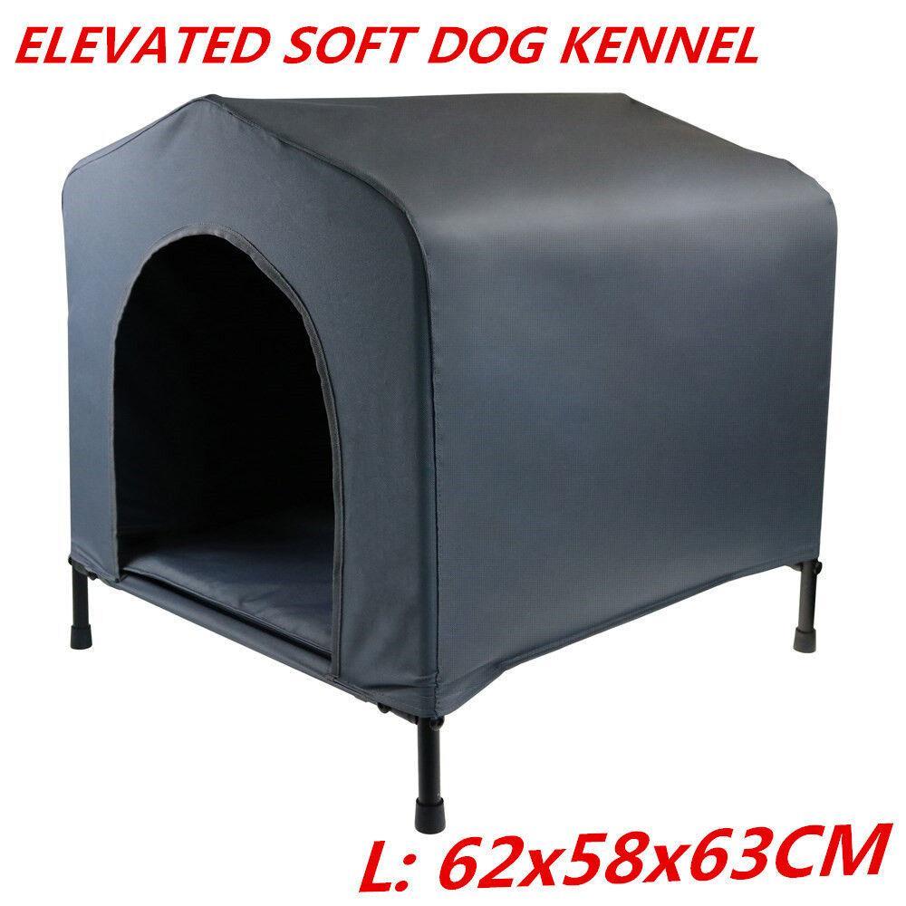 L: 62x58x63CM Elevated Waterproof Canvas Soft Dog Kennel House Portable Travel Steel Frame FDD