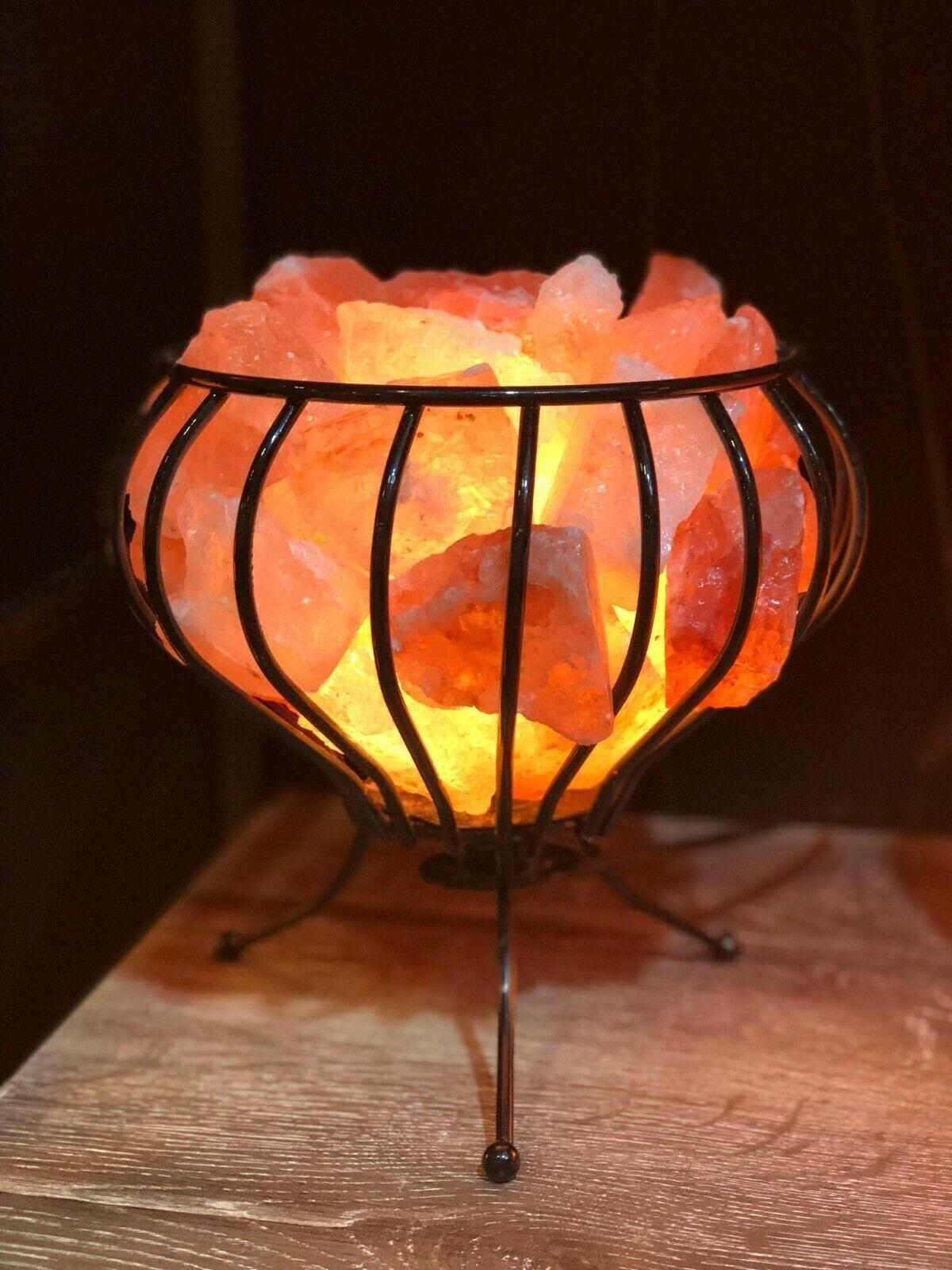 HIMALAYAN CRYSTAL SALT LAMP Metal Cage Basket Vase Bowl Natural Rock