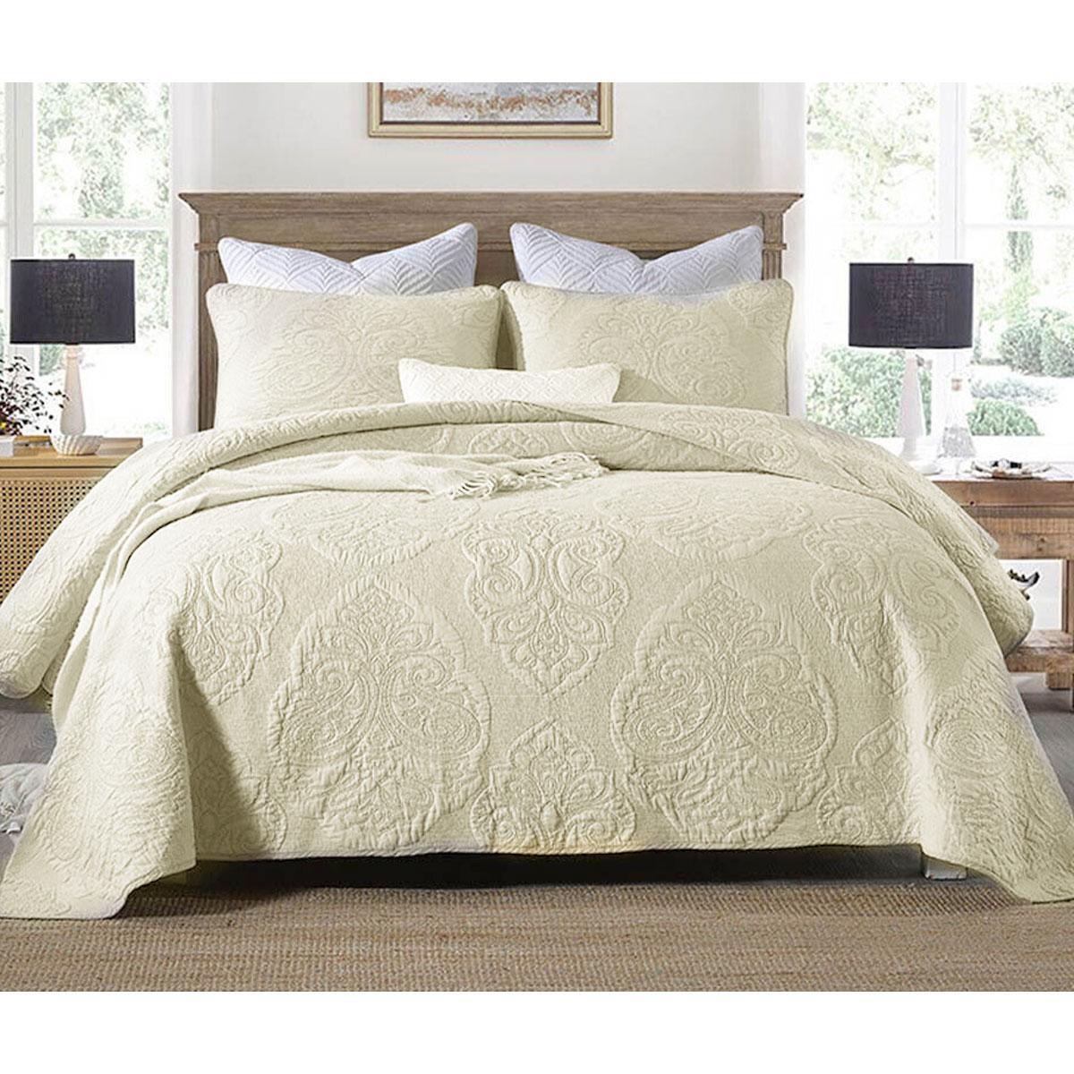 100% Cotton Lightly Quilted Coverlet Set Royale Cream Queen