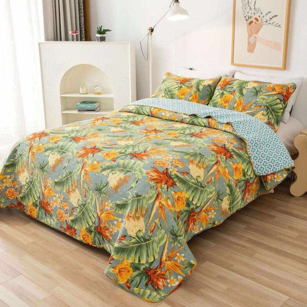 100% Cotton Lightly Quilted Coverlet Set Birds of Paradise Queen 230 x 250 cm
