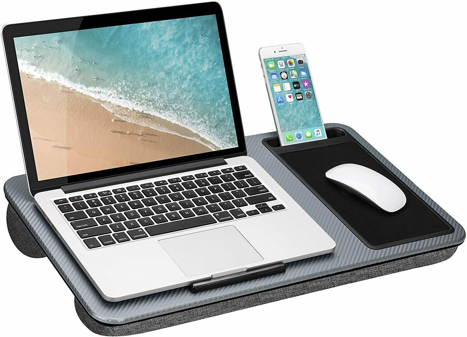 Home Office Laptop Lap Desk with Mouse Pad and Phone Holder Silver Carbon Desk