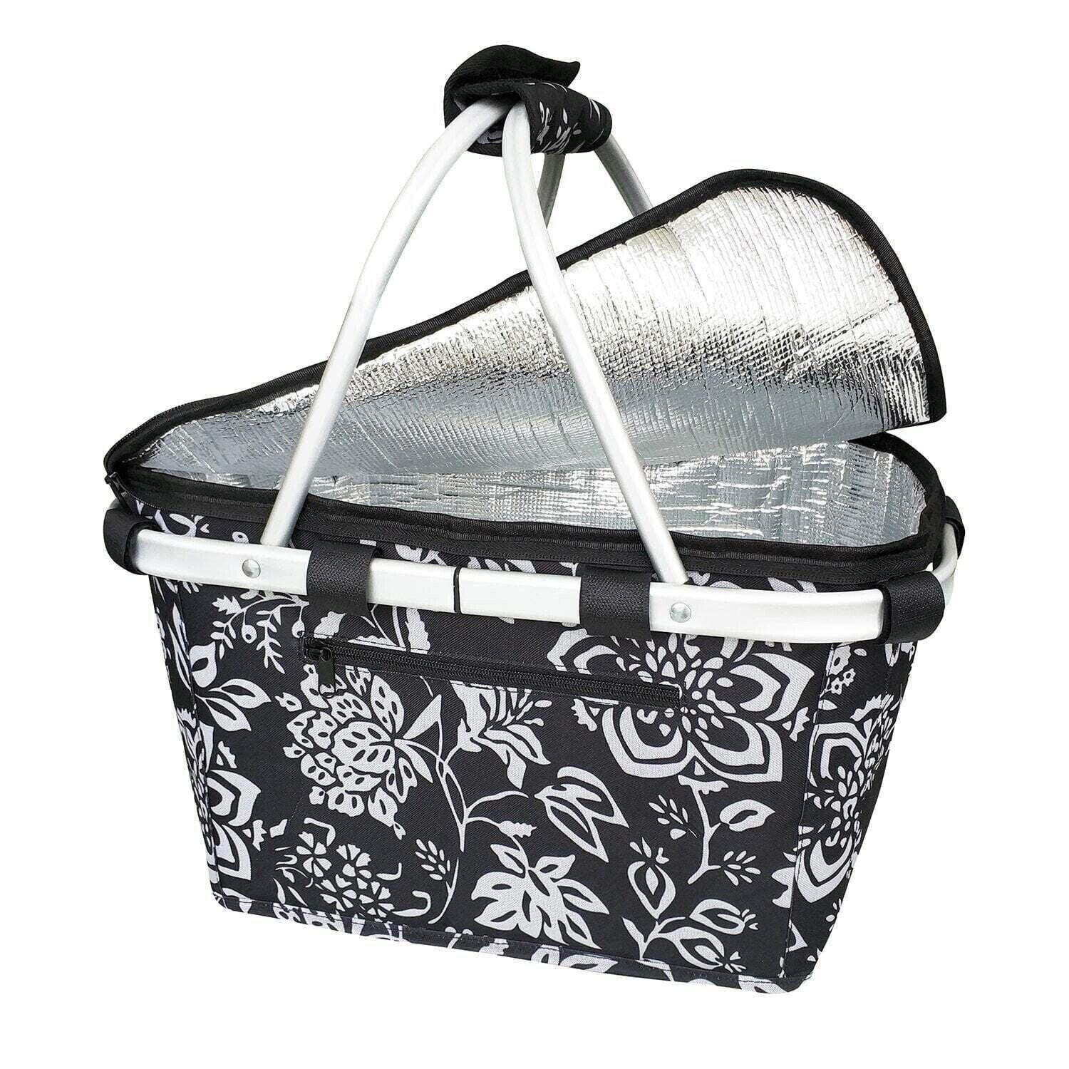 Sachi Insulated Foldable Picnic Carry Basket Bag with Lid Camellia Black