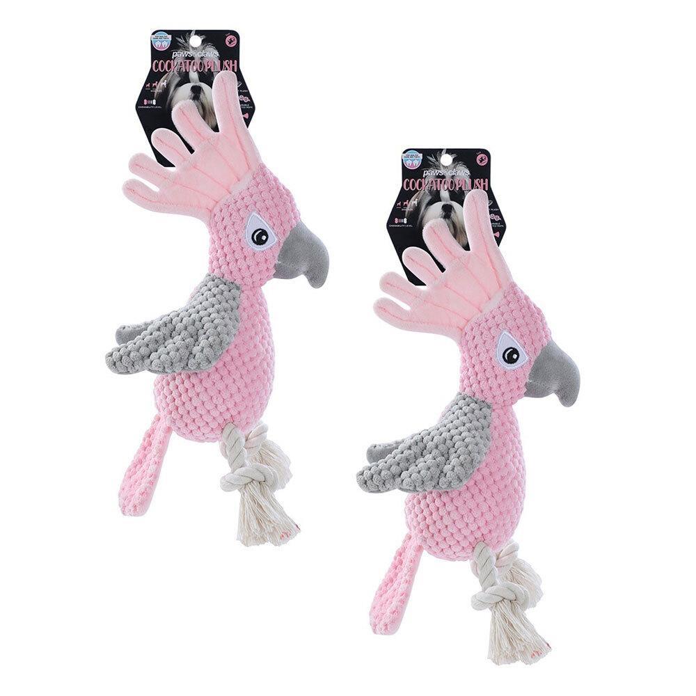 2x Paws & Claws 30cm Cockatoo Soft Plush Dog Chew Bite Toy w/ Rope/Squeaker Pink