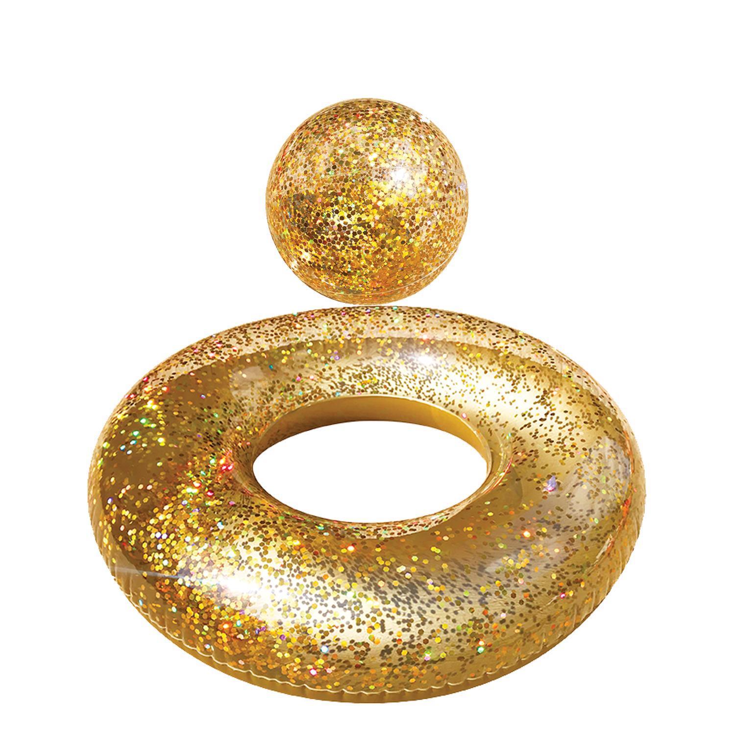 NEW PALM BEACH BLING SWIM RING & BEACH BALL SET INFLATABLE POOL TOY [Colour: Colour : Gold]
