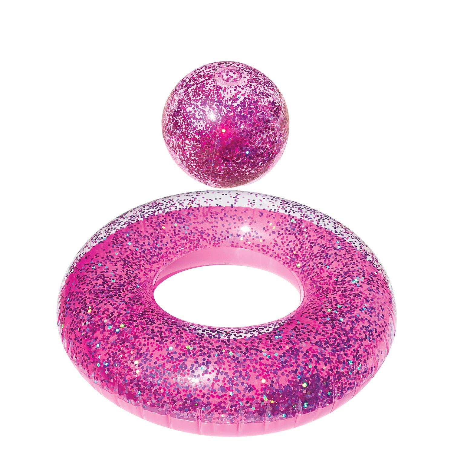 NEW PALM BEACH BLING SWIM RING & BEACH BALL SET INFLATABLE POOL TOY [Colour: Colour : Pink]