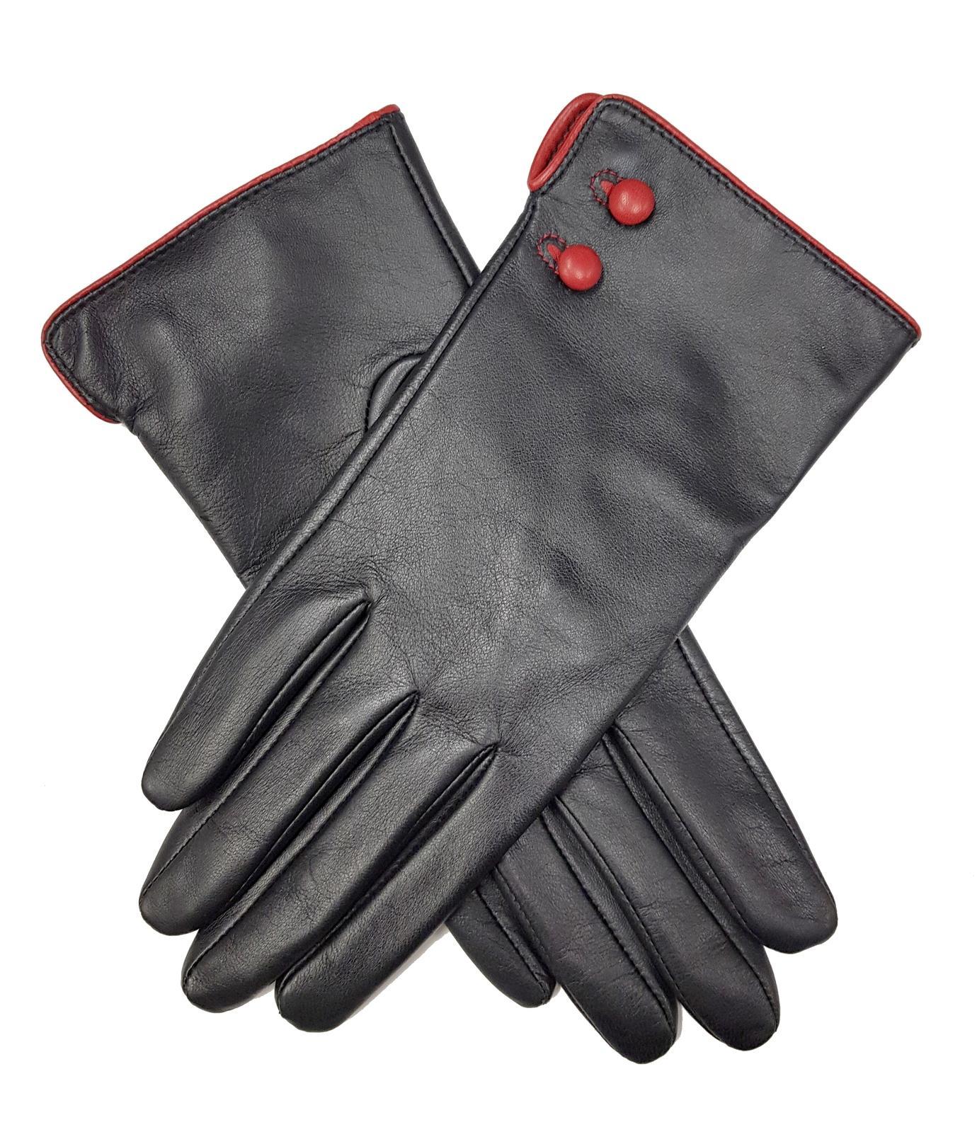 Leather Gloves with Contrast Buttons and Cuff - Black/Red - Large