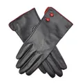 Leather Gloves with Contrast Buttons and Cuff - Black/Red - X-Large
