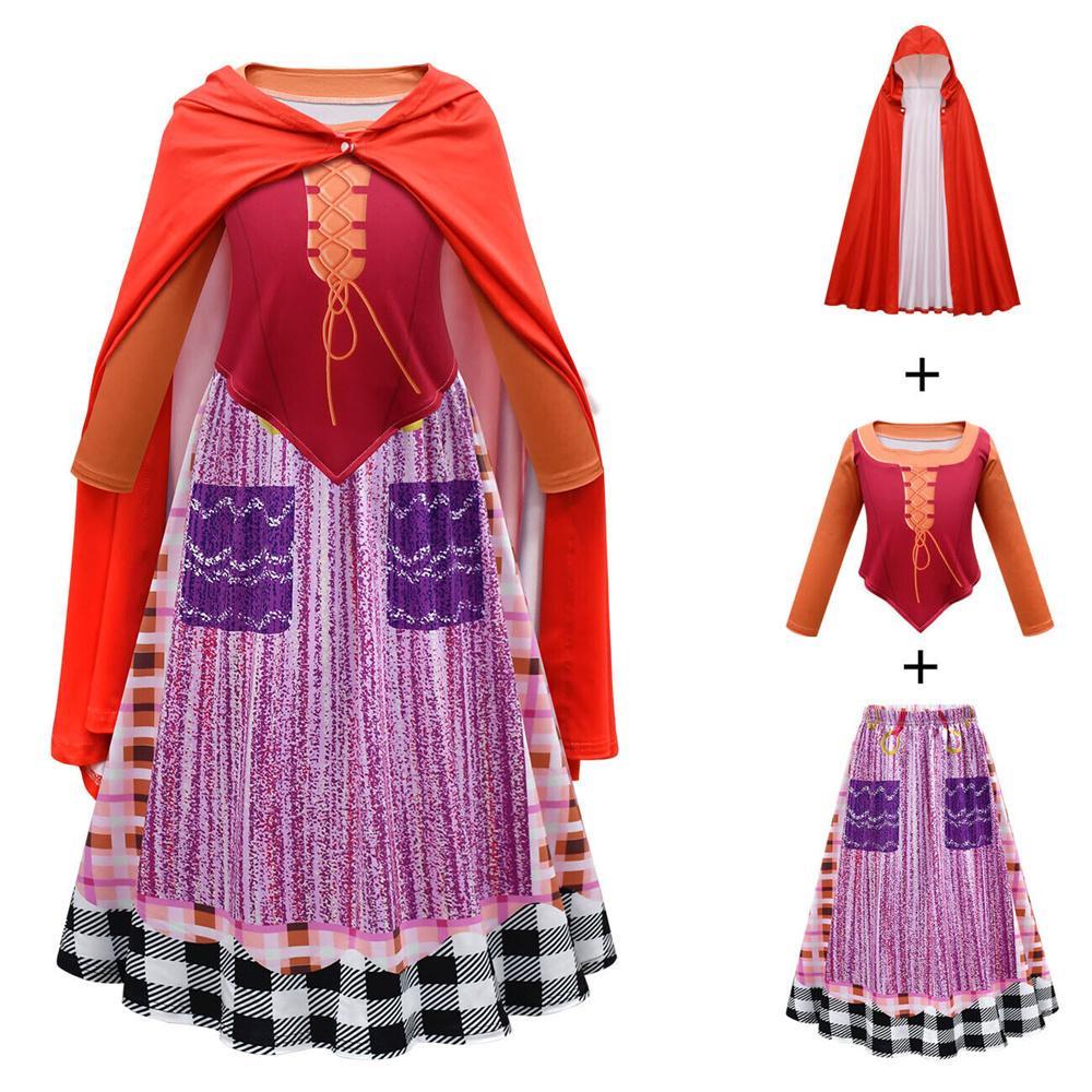 Vicanber Halloween Girls Hocus Pocus Mary Sanderson Cosplay Costume Kids Dress Cloak Outfits (7-8 Years)