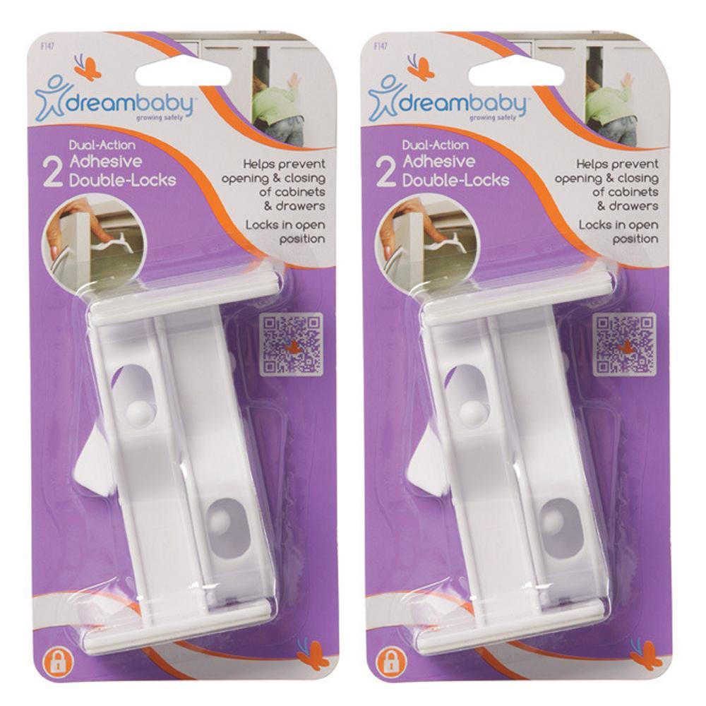 4x Dreambaby 10cm Dual-Action Adhesive Double Lock For Drawers/Cupboards White