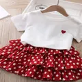 Kids Toddler Little Girls' T shirt Skirt Clothing Set Polka Dot Solid Colored Casual Hollow Out Ruffle Bow Red Cotton Short Sleeve Basic Cute Dresses Children's Day Two-piece Suit, 100cm