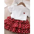 Kids Toddler Little Girls' T shirt Skirt Clothing Set Polka Dot Solid Colored Casual Hollow Out Ruffle Bow Red Cotton Short Sleeve Basic Cute Dresses Children's Day Two-piece Suit, 100cm