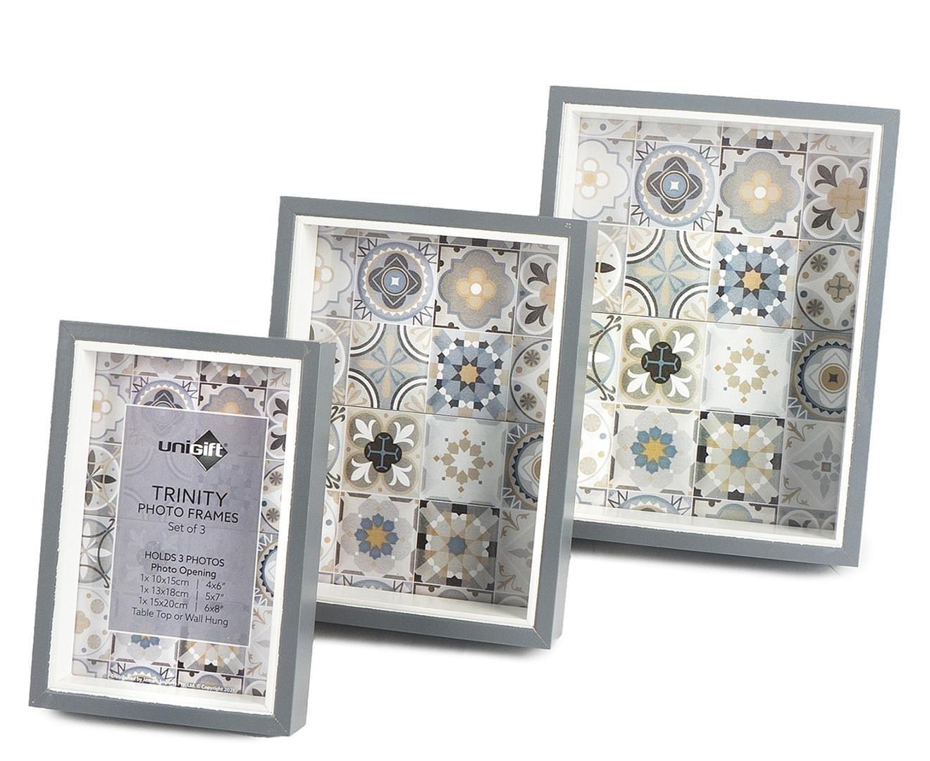 SET OF 3 Gray & White Picture Frames | Home Table Top Display Photo Frame Set