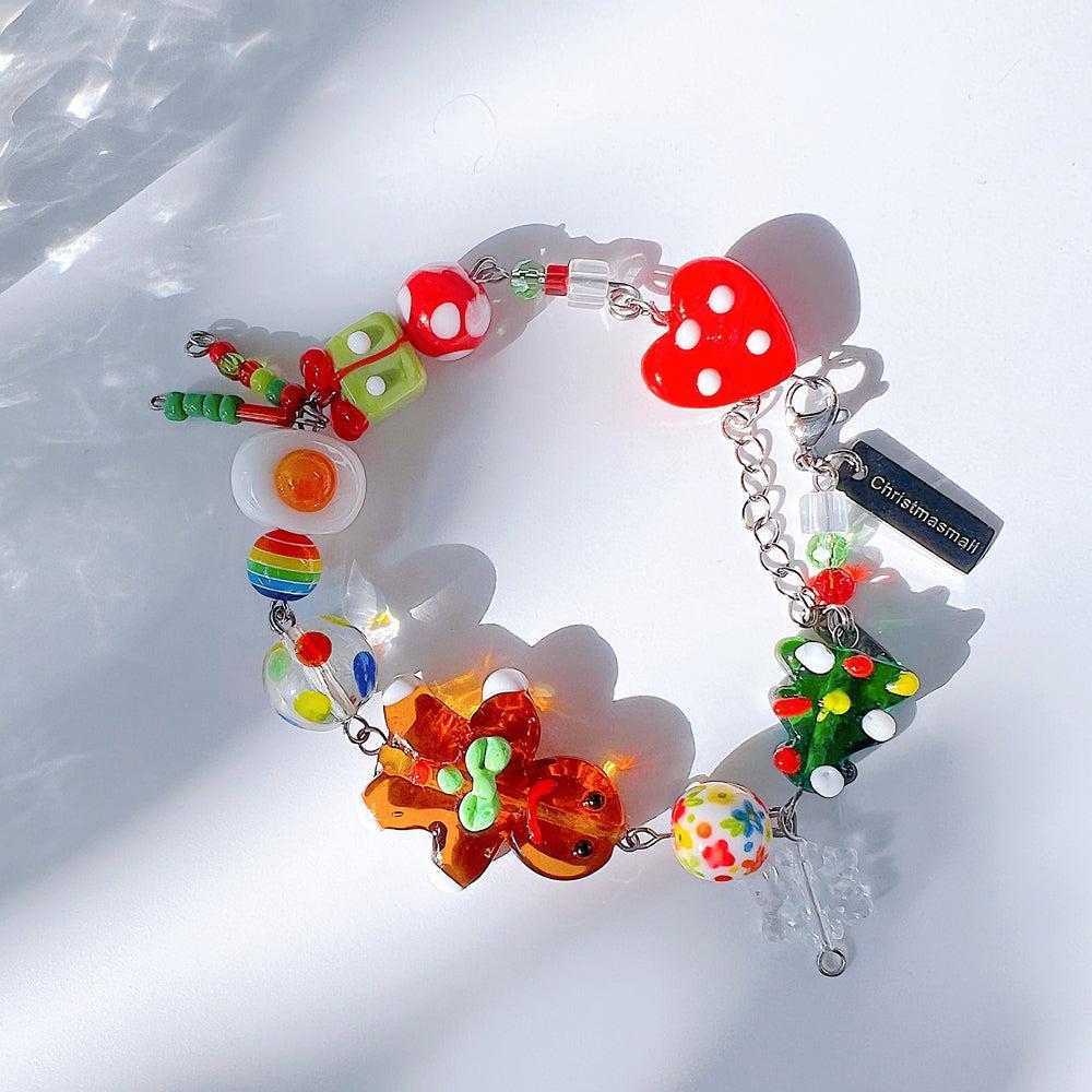 Christmas Gingerbread Jewelry Handmade Charm Bracelet with Murano Glass Gemstones