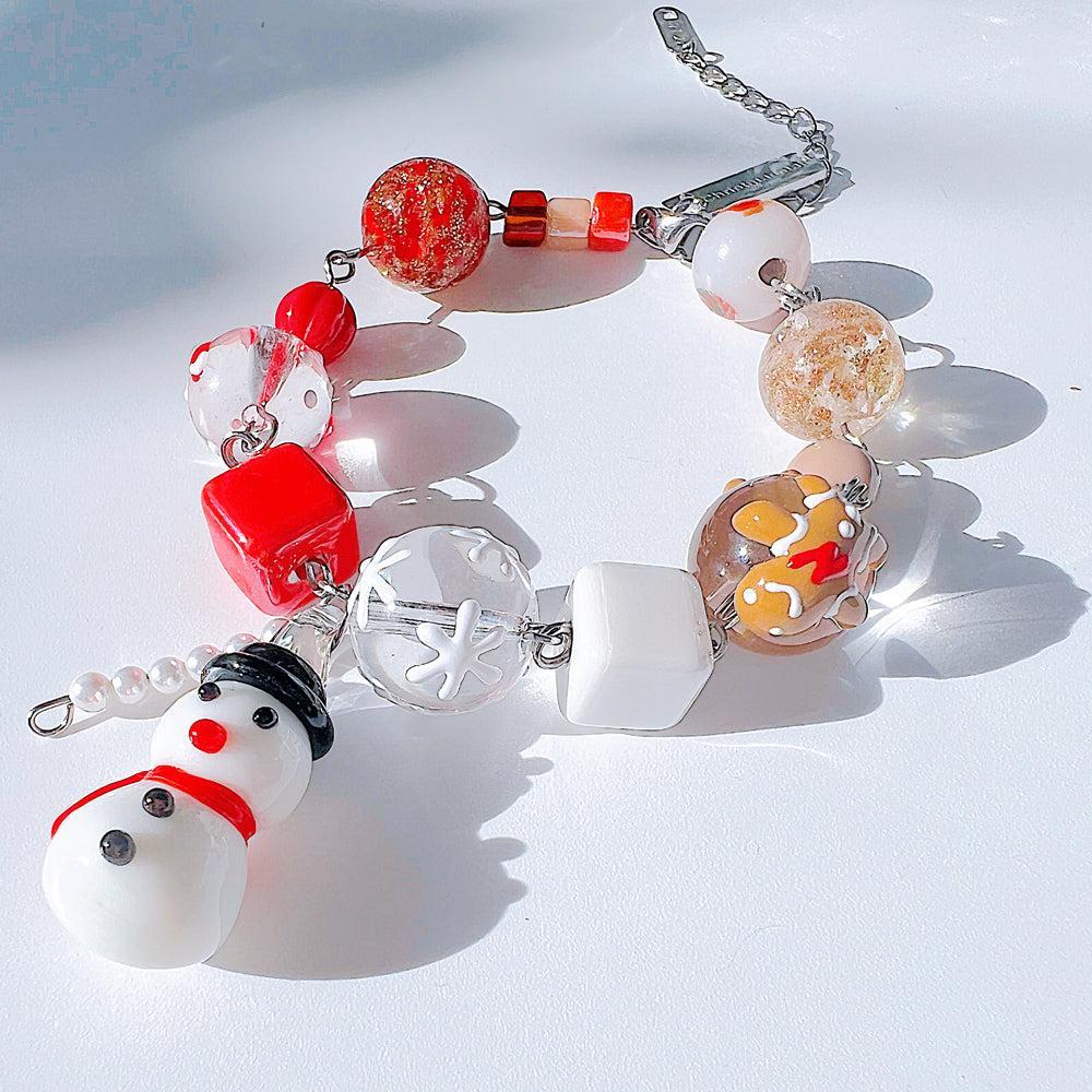 Christmas Snowman Jewelry Handmade Charm Bracelet with Murano Glass Gemstones