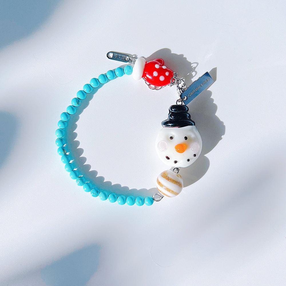 Christmas Snowman Jewelry Handmade Charm Bracelet with Murano Glass Turquoise Gemstones
