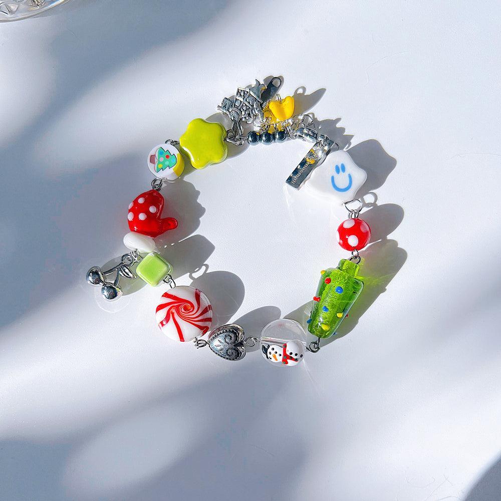 Christmas Tree Jewelry Handmade Charm Bracelet with Murano Glass Gemstones