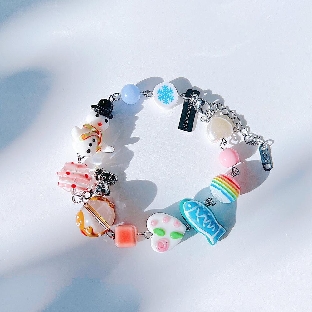 Christmas Snowman Jewelry Handmade Charm Bracelet with Murano Glass Gemstones