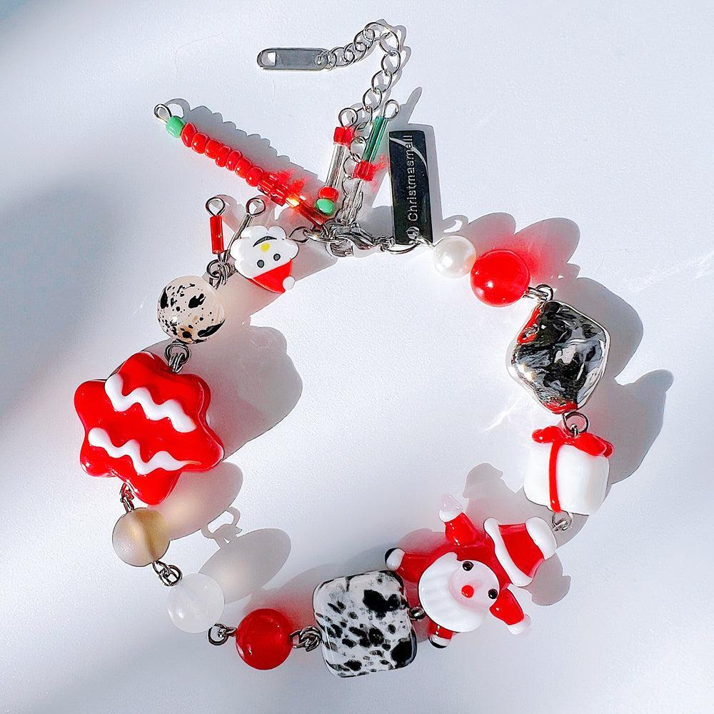 Christmas Santa Jewelry Handmade Charm Bracelet with Murano Glass Gemstones
