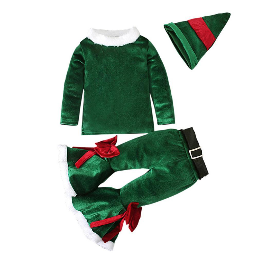 Vicanber Kids Girl Christmas Costume Suit Cosplay Santa Claus Trumpet Bottom Velvet Outfit (Green, 6-7 Years)