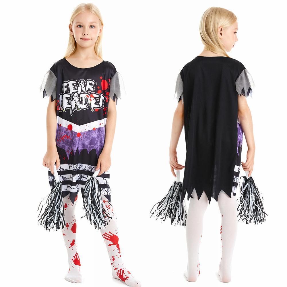 Vicanber Children Girls Cosplay Zombie Costume Halloween Cheerleader Carnival Party Dress (8-10 Years)