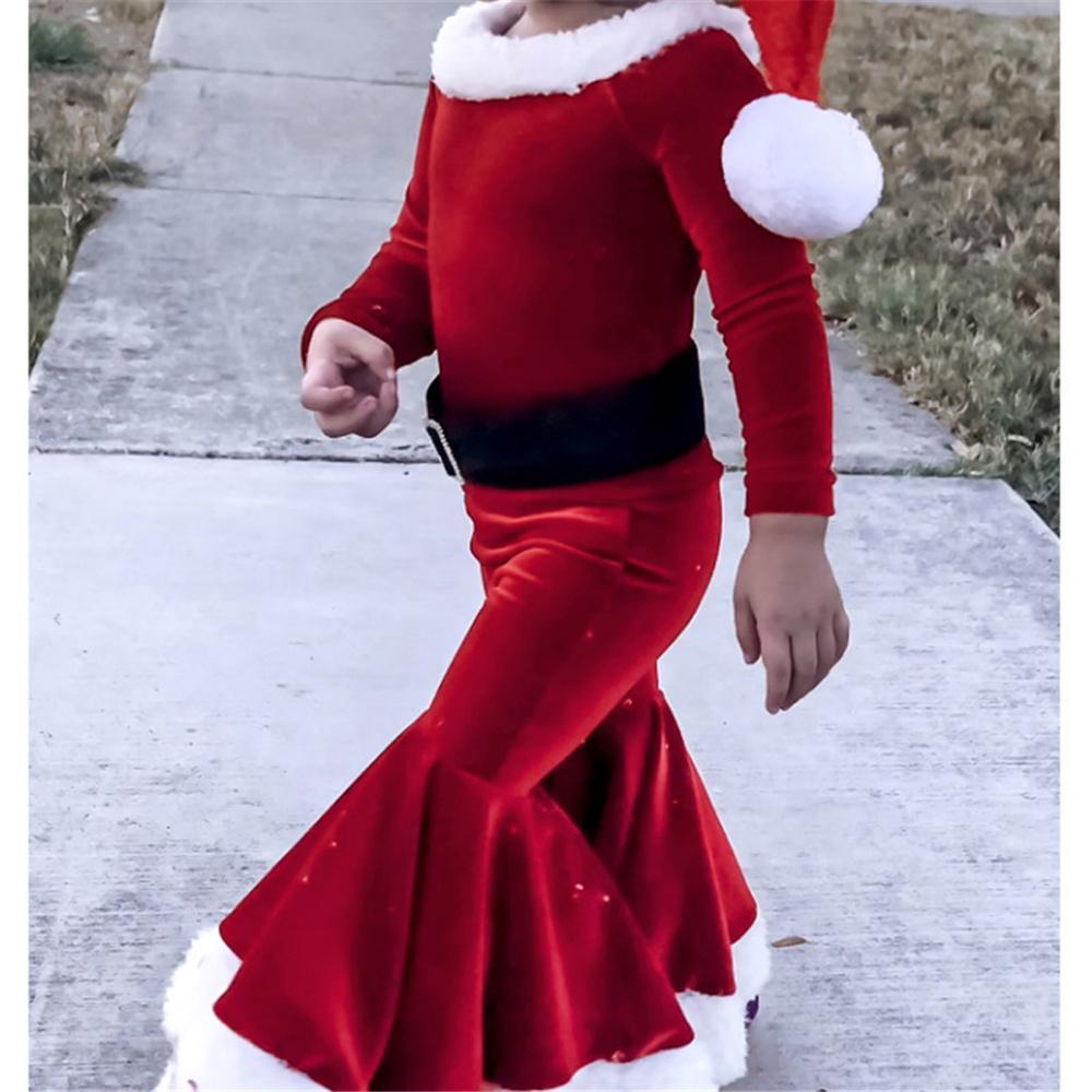 Vicanber Kids Girl Christmas Costume Suit Cosplay Santa Claus Trumpet Bottom Velvet Outfit (Red, 6-7 Years)
