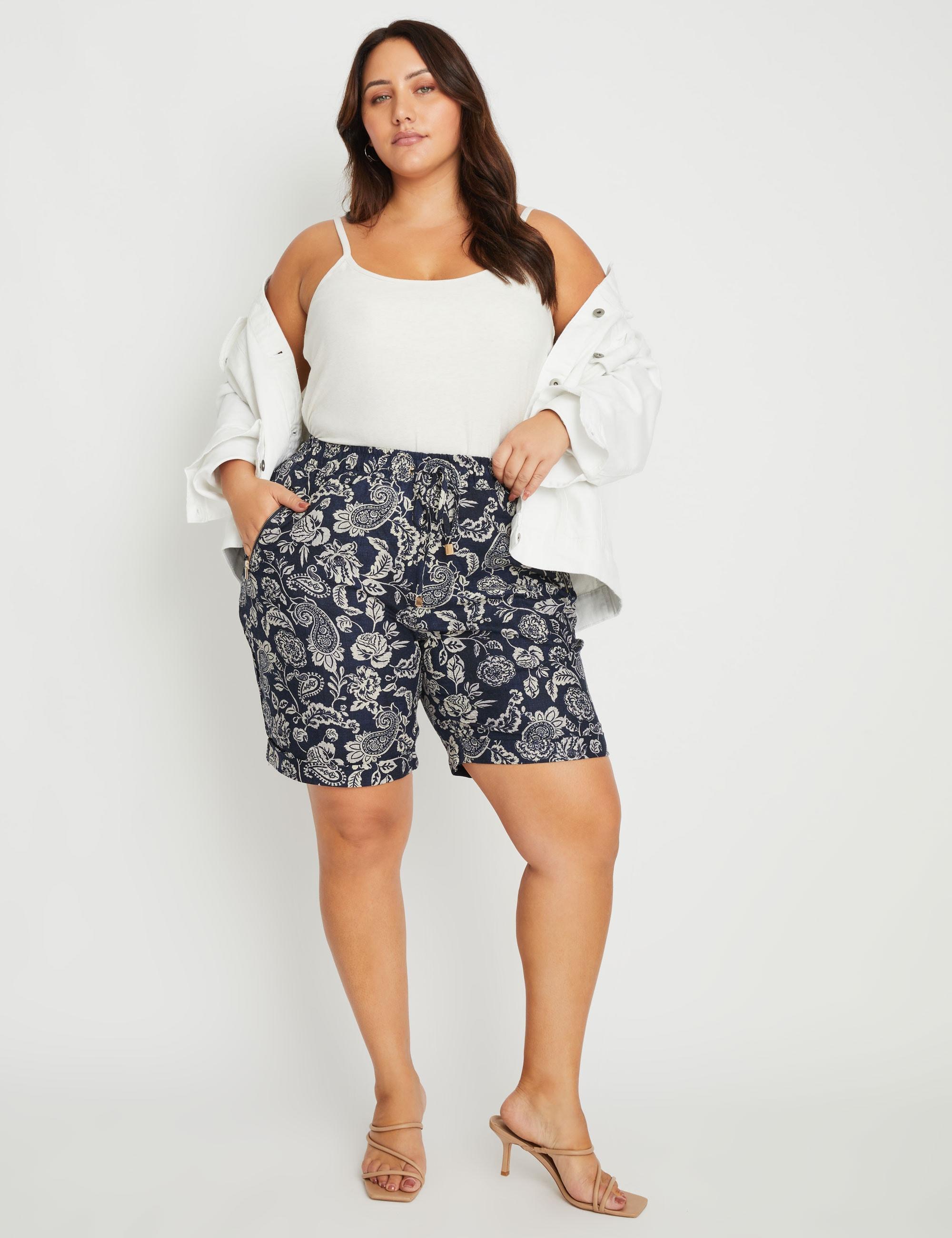 BeMe - Plus Size - Womens Blue Shorts - Summer - Linen - Chino - High Waist - Navy Multi - Paisley - Relaxed Fit - Chino - Zipped Pocket Casual Wear
