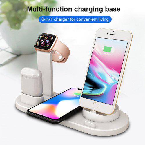 LEEHUR 10w Qi Wireless Charger Stand 6 In 1 for Apple Watch Airpods Iphone Type C Android Phone White Universal