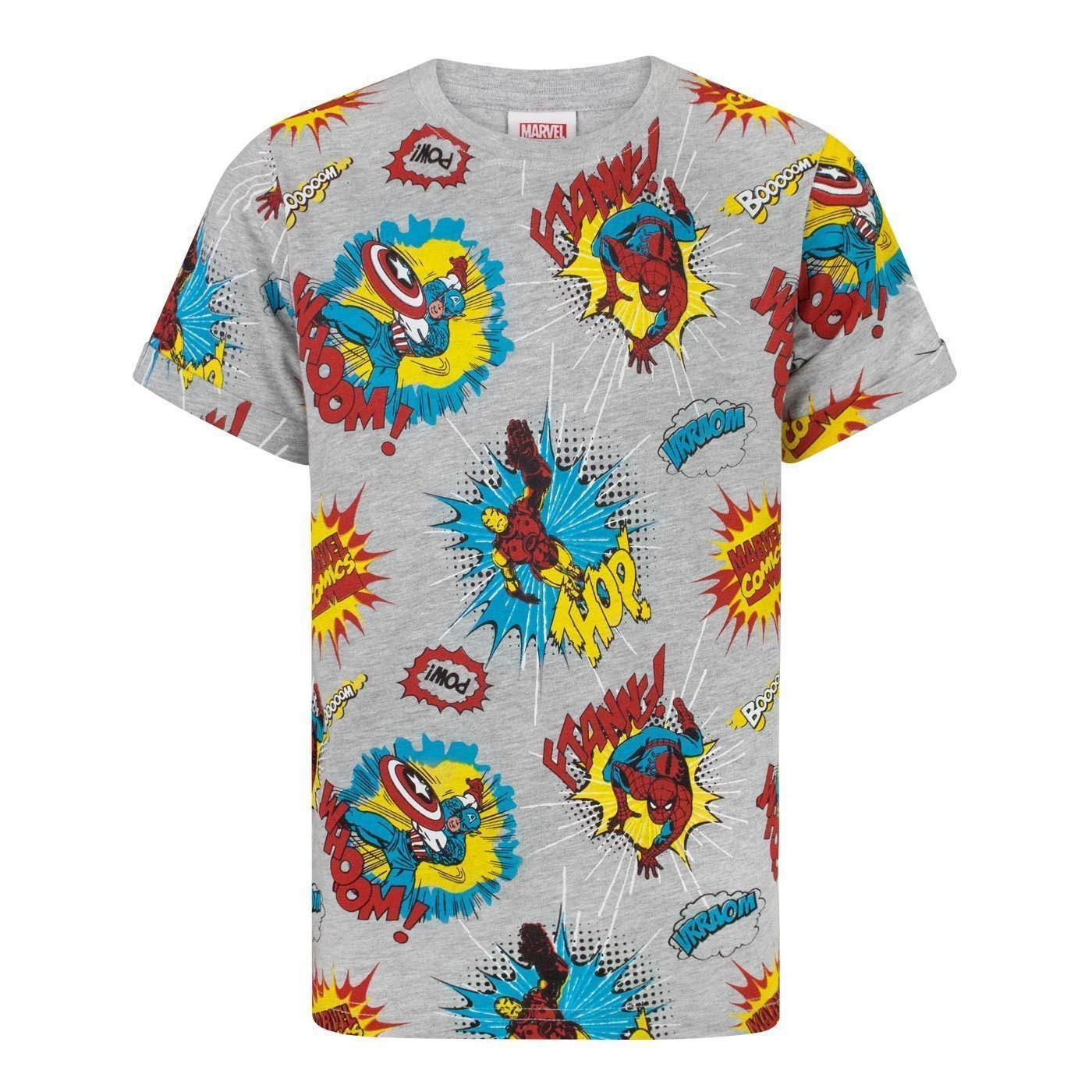 Marvel Boys All-Over Print T-Shirt (Heather Grey/Red/Yellow) (11-12 Years)