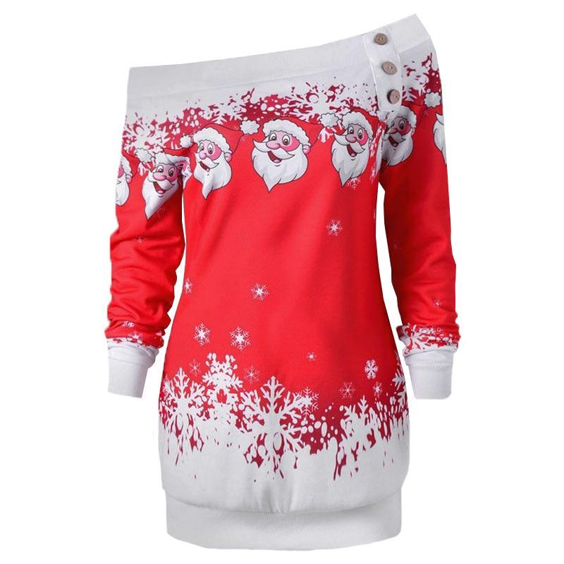 Vicanber Women Christmas Xmas One Shoulder Long Sleeve Mini Dress Pullover Jumper Top (Red, 2XL)