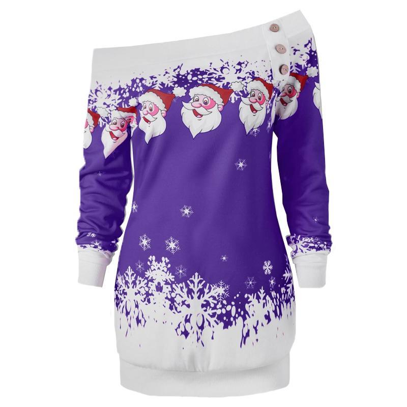 Vicanber Women Christmas Xmas One Shoulder Long Sleeve Mini Dress Pullover Jumper Top (Purple, M)