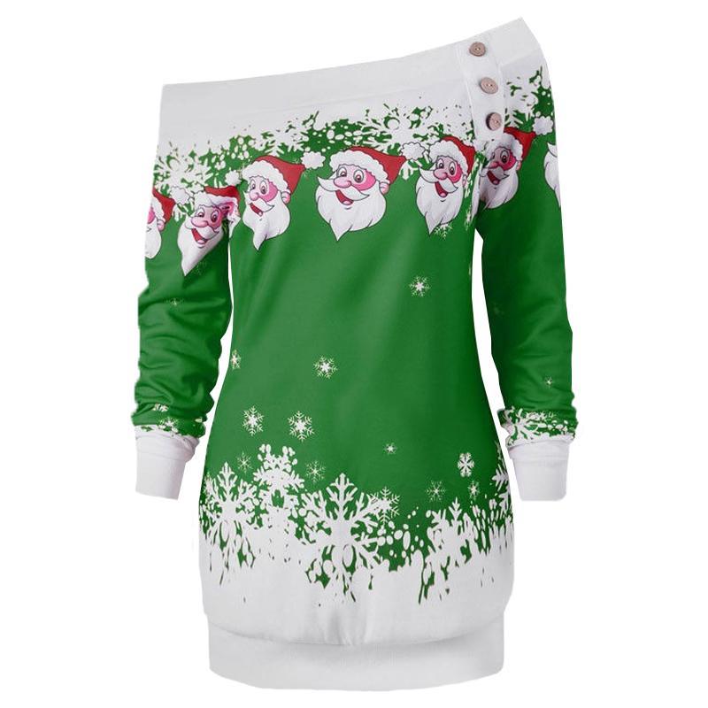 Vicanber Women Christmas Xmas One Shoulder Long Sleeve Mini Dress Pullover Jumper Top (Green, L)