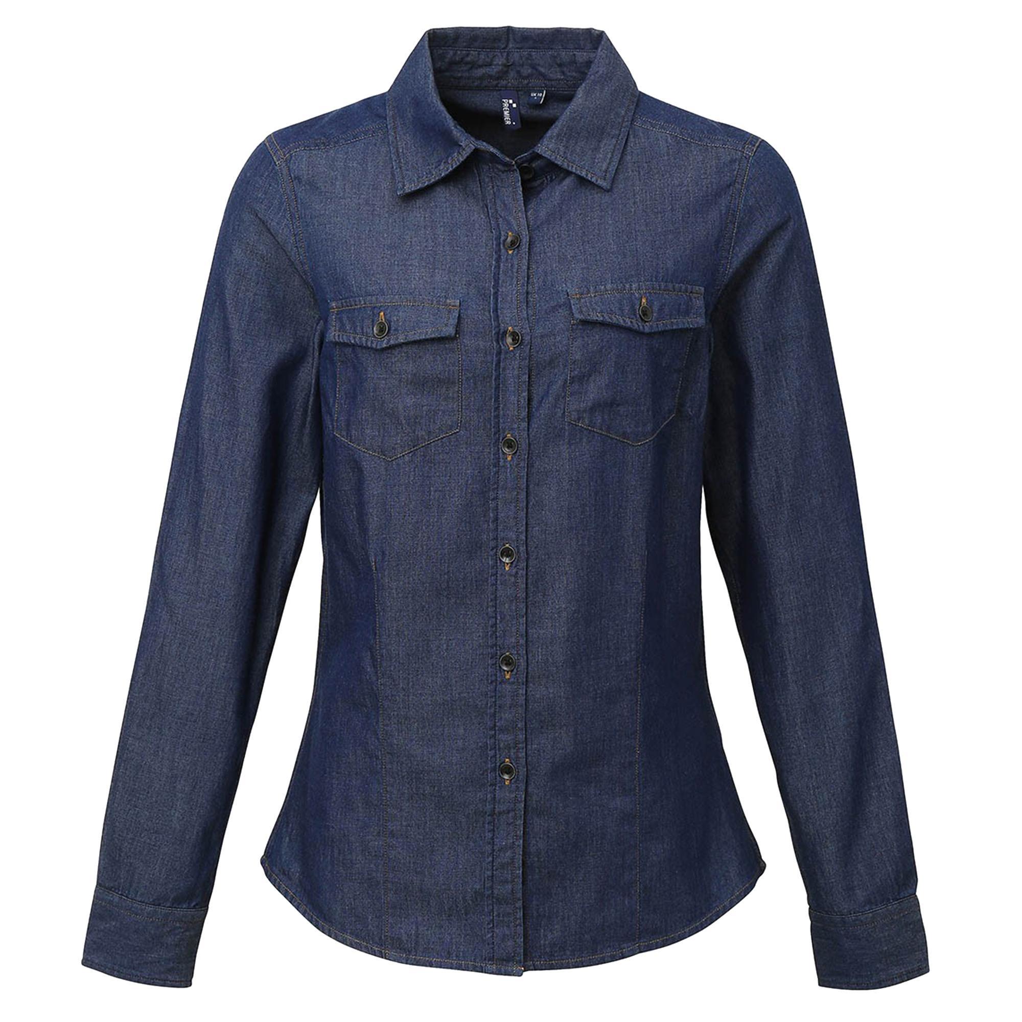Premier Womens/Ladies Jeans Stitch Long Sleeve Denim Shirt (Indigo Denim) (2XL)