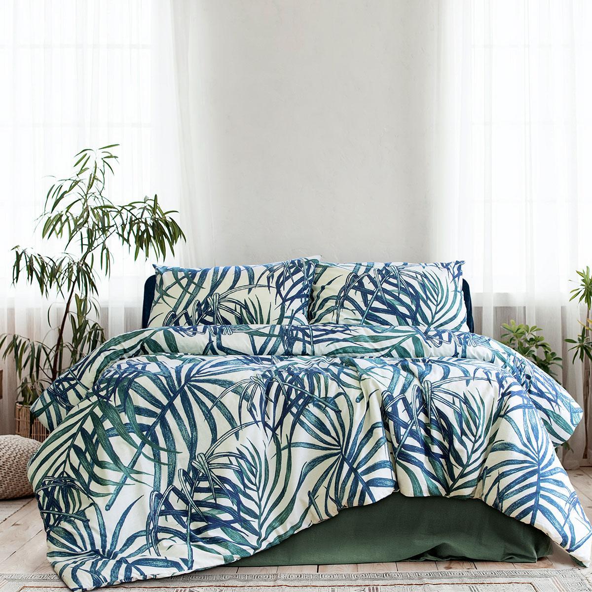 Ardor Palms Blue Polyester Cotton Quilt Cover Set King