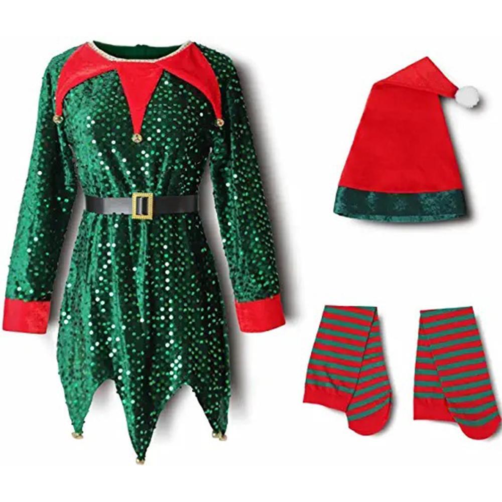 Vicanber Kid Girls Christmas Elf Costume Santa Fancy Dress Cosplay Party Performance Set (Green, 3-4 Years)