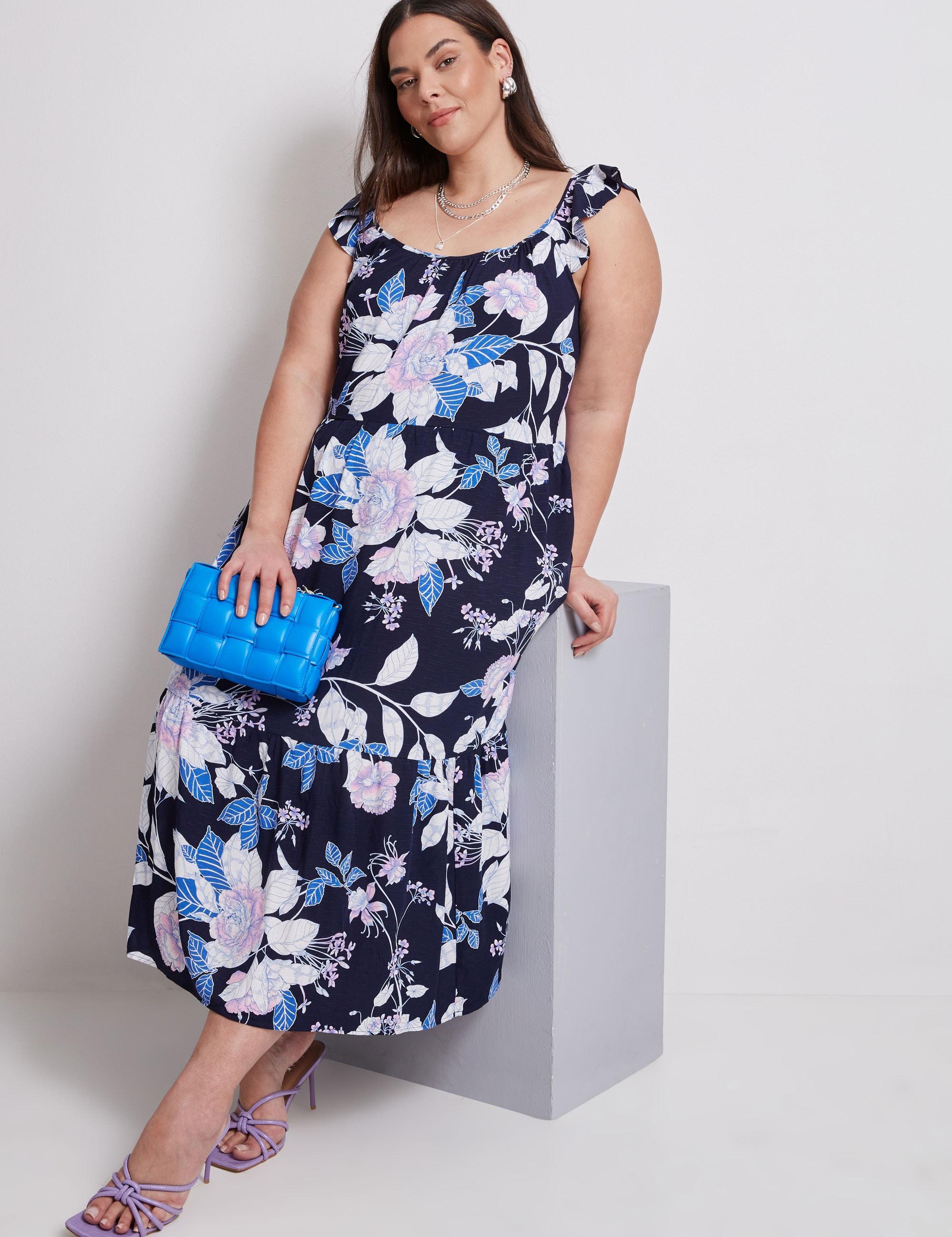 AUTOGRAPH - Plus Size - Womens Maxi Dress - Blue - Summer Floral A Line Dresses - Ocean - Sleeveless - Florals - Flutter Cap Sleeve Women's Clothing