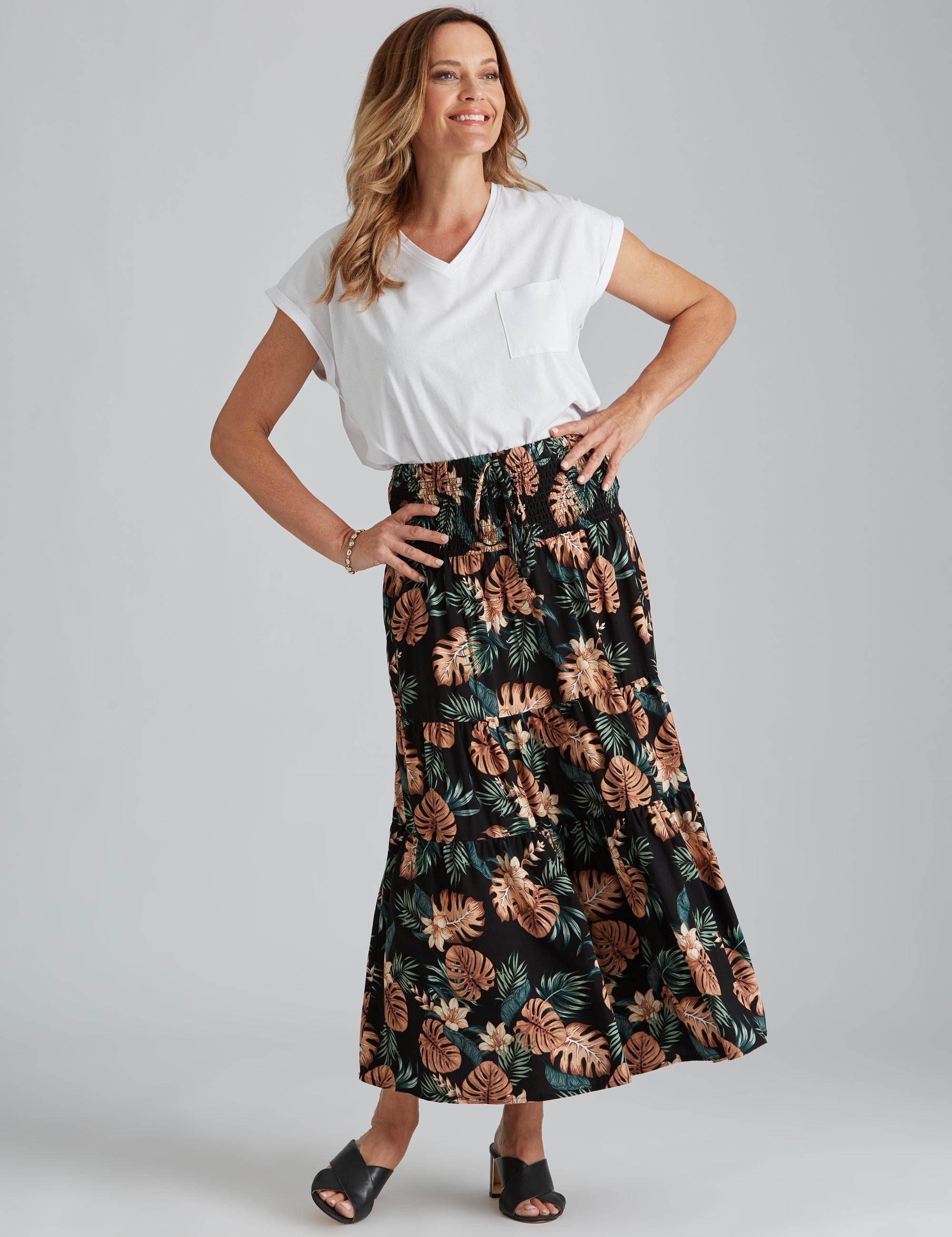 MILLERS - Womens Skirts - Maxi - Summer - Green - Floral - Straight - Fashion - Khaki Leaf - Relaxed Fit - Tiered - Long - Quality Work Clothes