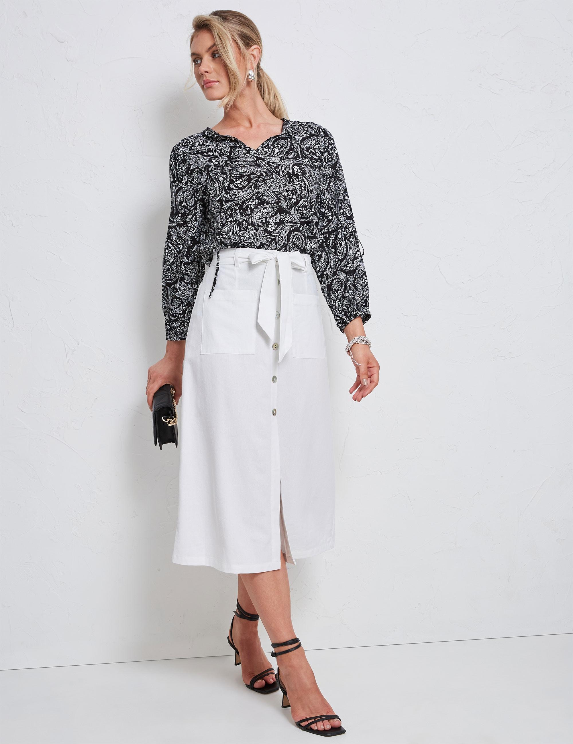 KATIES - Womens Skirts - Midi - Summer - White - Linen - Straight - Fashion - Oversized - - Button Front - Knee Length - Work Clothes - Office Wear