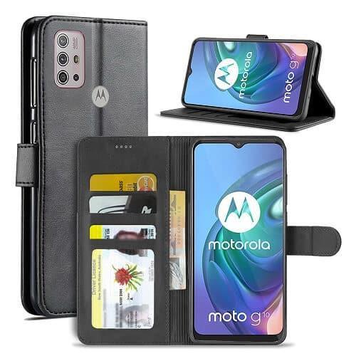 For Motorola Moto G10 Case SupRShield Wallet Card Leather Flip Magnetic Stand Phone Cover (Black)