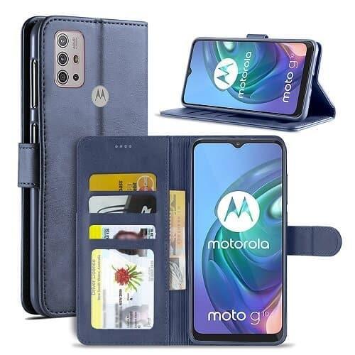 For Motorola Moto G10 Case SupRShield Wallet Card Leather Flip Magnetic Stand Phone Cover (Navy Blue)
