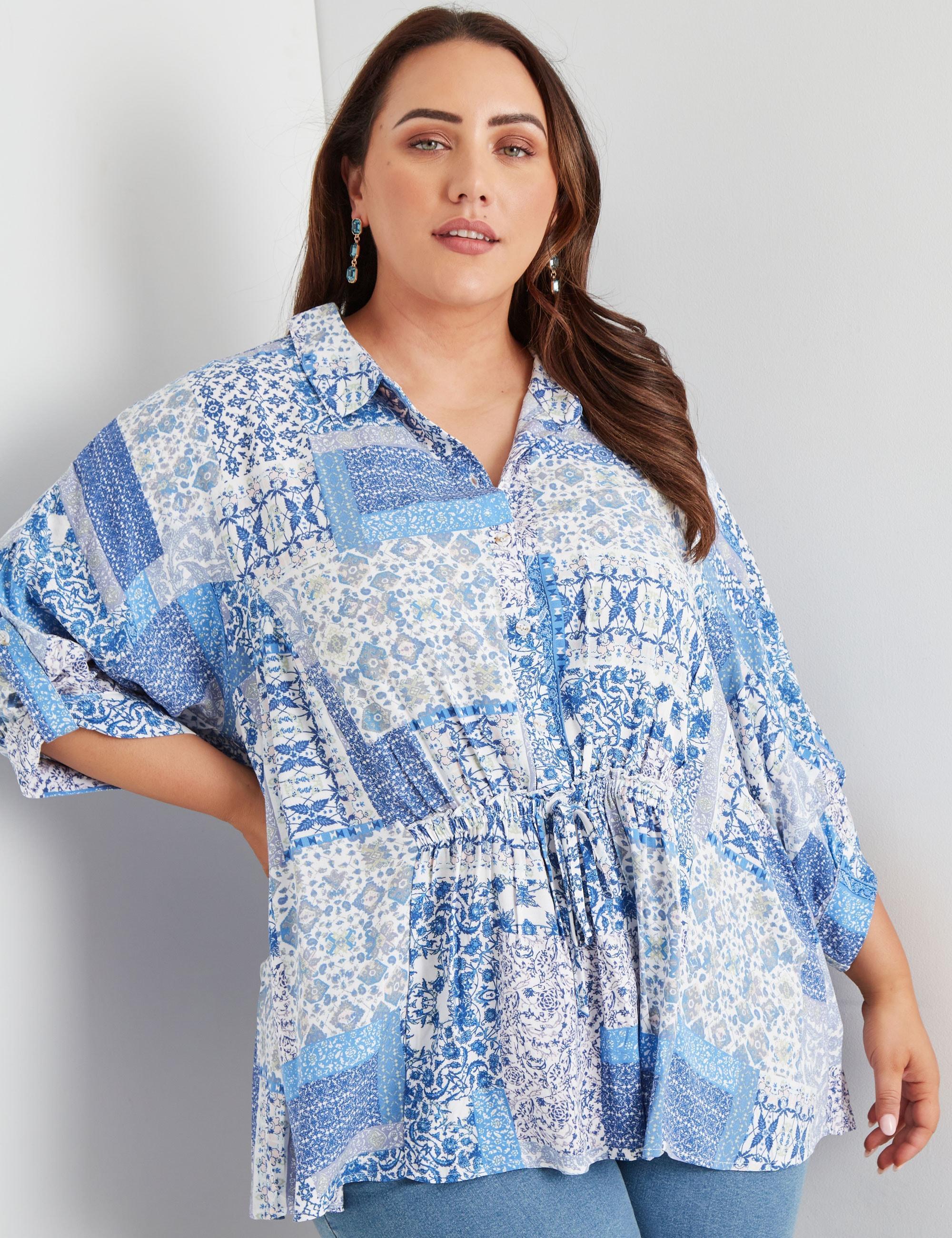 BeMe - Plus Size - Womens Summer Tops - Blue Blouse / Shirt - Abstract - Casual - Relaxed Fit - 3/4 Sleeve - High Neck - Regular - Fashion Work Wear