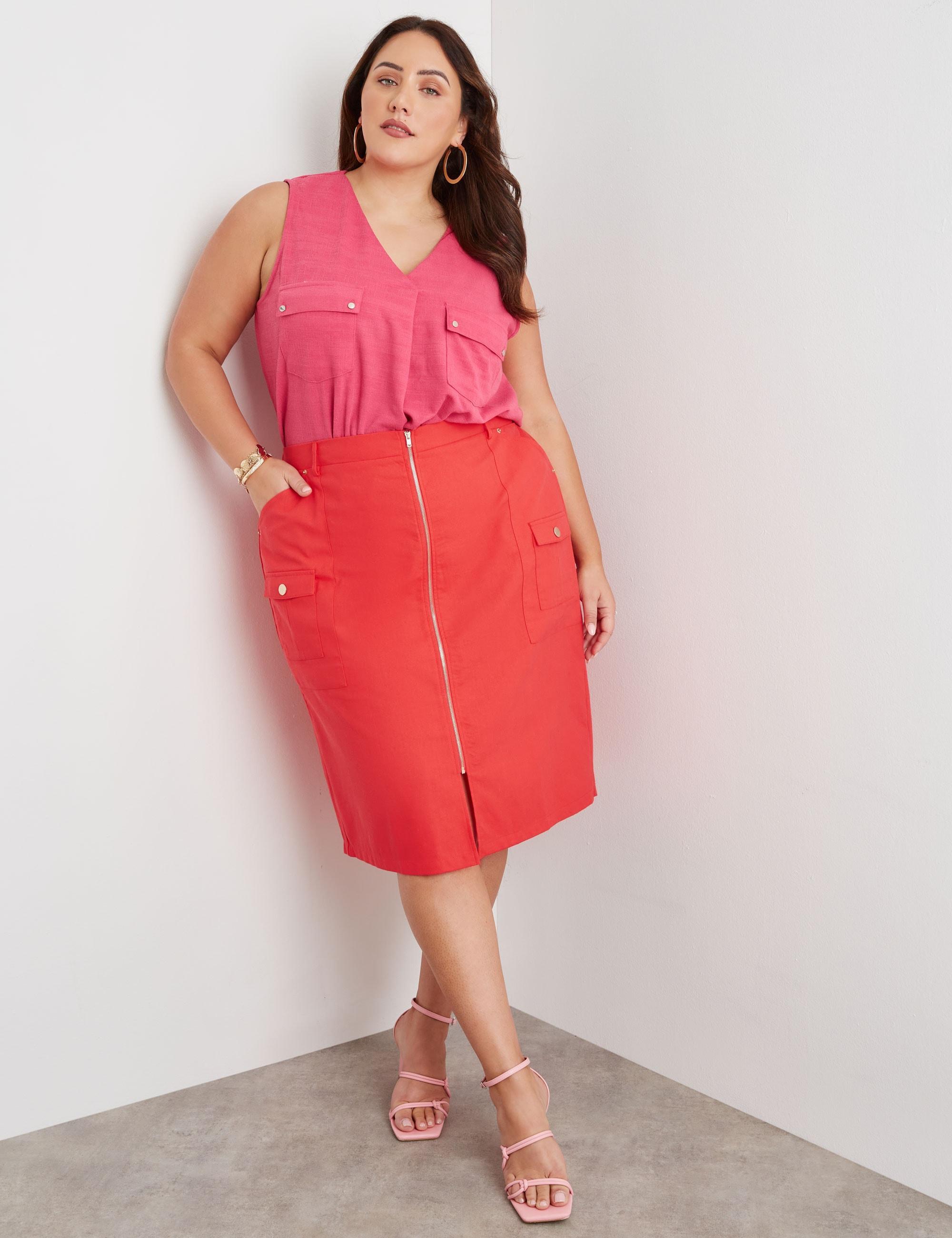 BeMe - Plus Size - Womens Skirts - Midi - Summer - Purple - Linen - Pencil - Berry - Fitted - Zipped Front - Knee Length - Casual Fashion Clothes