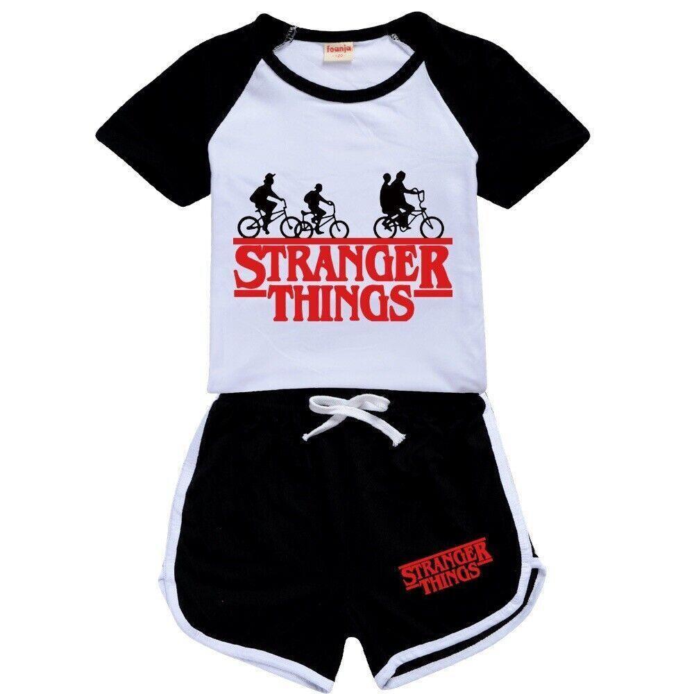 GoodGoods Boys Girls Stranger Things Shorts Sleeve T-shirt Set Kids Pjs Loungewear Tracksuit Set (Black, 15-16 Years)