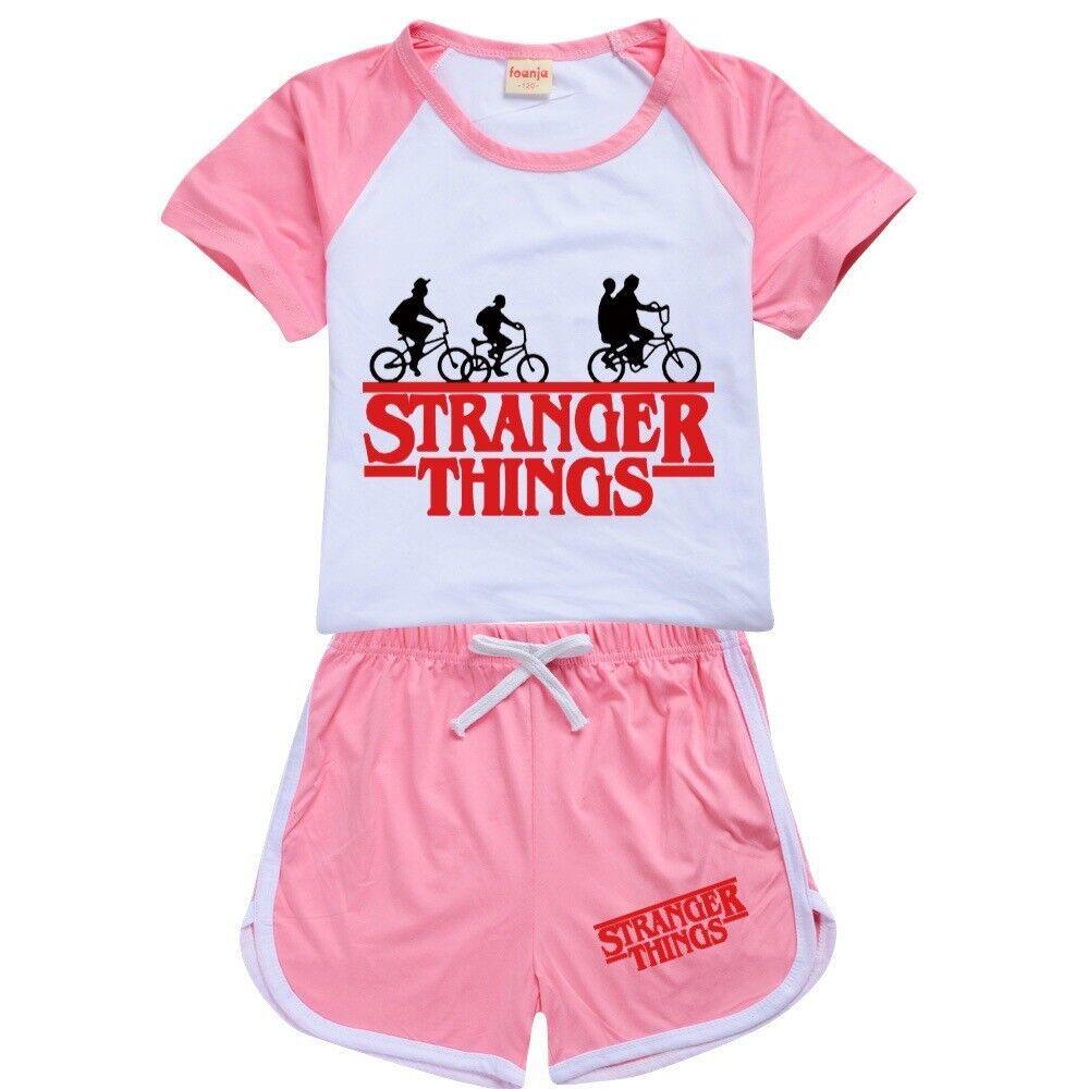 GoodGoods Boys Girls Stranger Things Shorts Sleeve T-shirt Set Kids Pjs Loungewear Tracksuit Set (Pink, 11-12 Years)