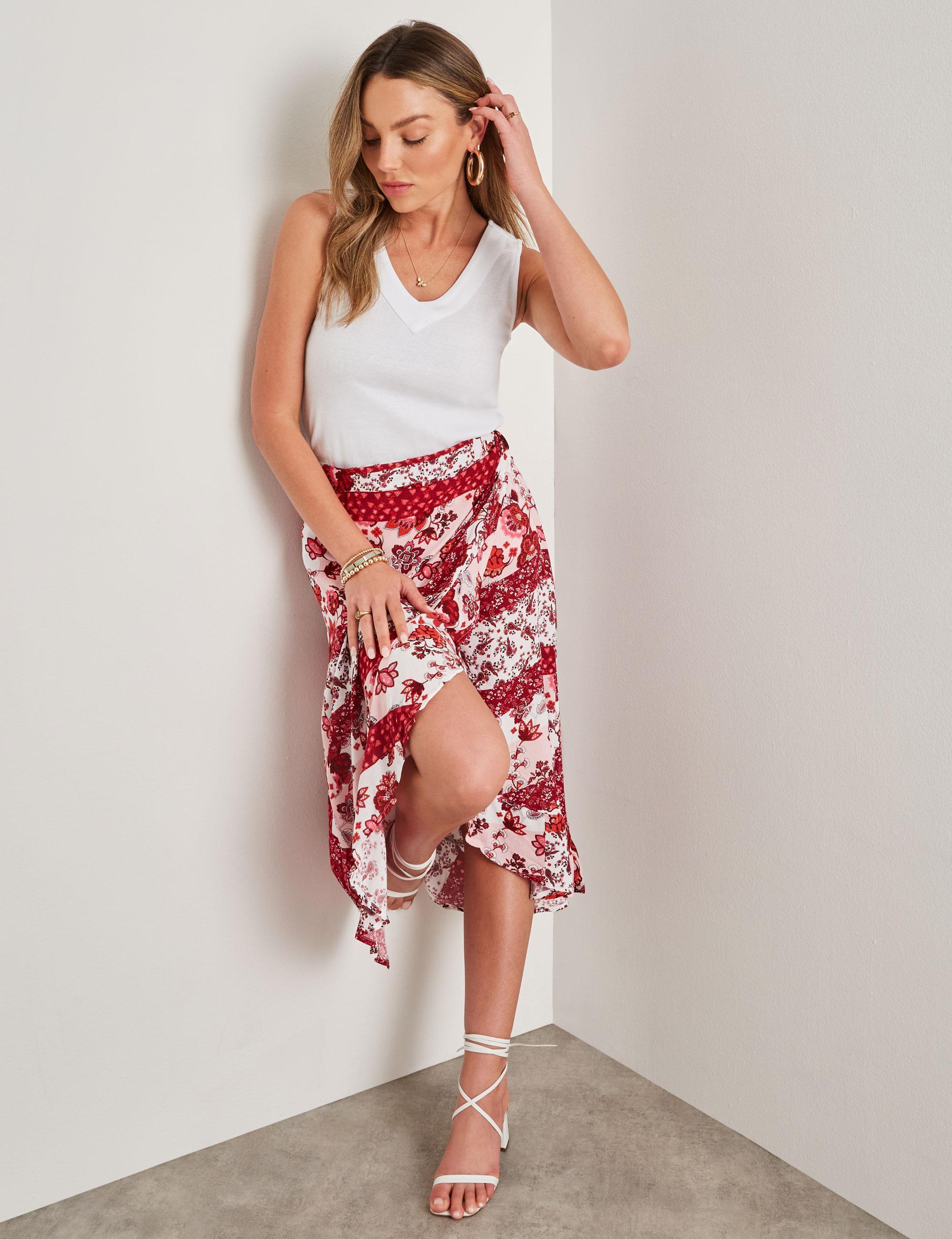 ROCKMANS - Womens Skirts - Midi - Summer - Red - Floral - Bodycon - Fashion - Berry Patchwork - Oversized - Tie Waist - Knee Length - Casual Clothes